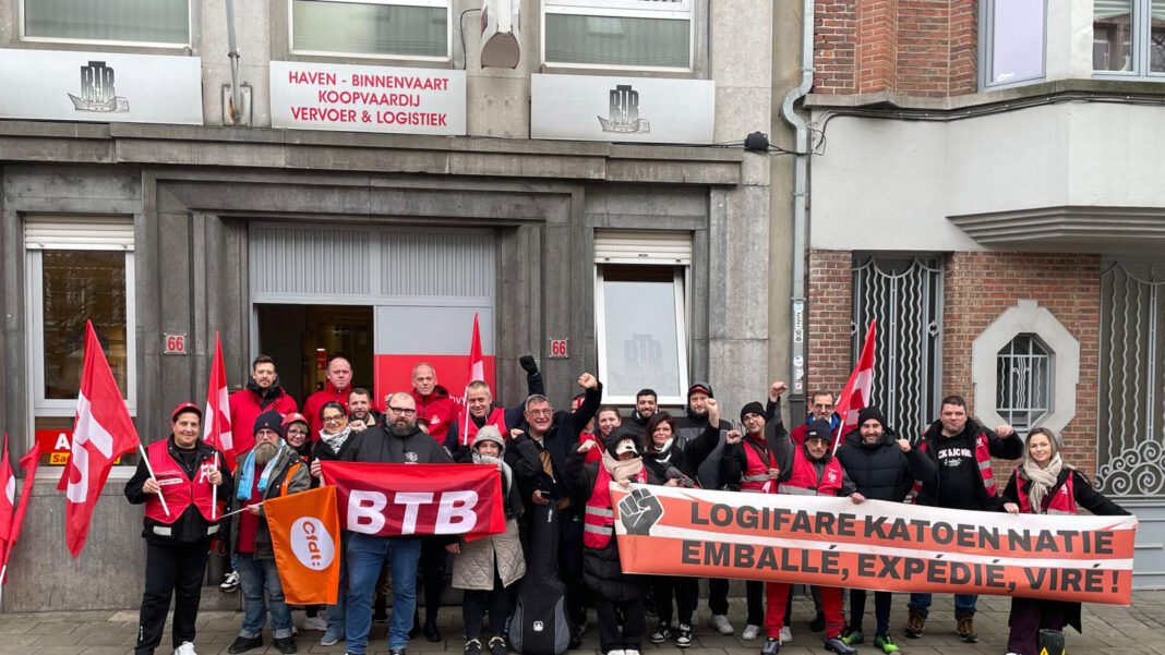 French unions are taking action at Katoen Natie's headquarters in Antwerp
