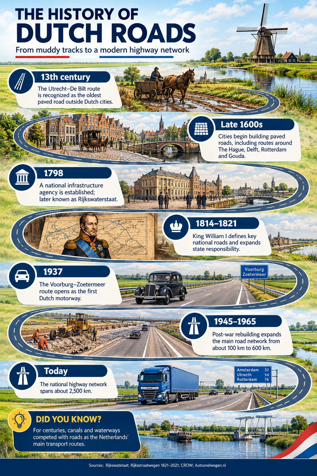 History of Dutch roads infographic: a timeline from horse-drawn carts and paved city streets to the 1937 Voorburg–Zoetermeer motorway and a modern truck on today's highway